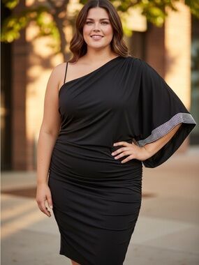Deb Black One-Shoulder Ruched Dress with Embellished Sleeve